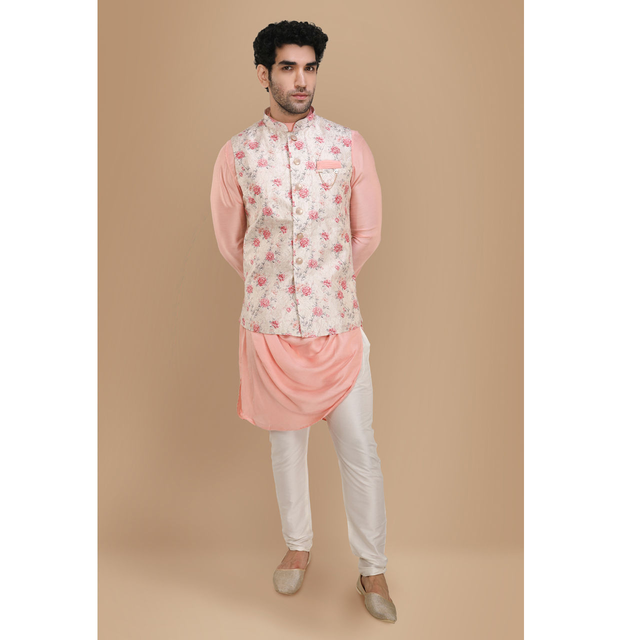 alt message - Manyavar Men Pink Draped Kurta Jacket Set image number 1